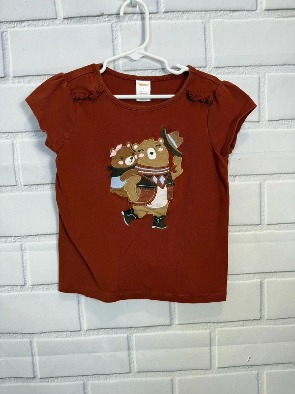 Gymboree Girls Bear Graphic Flutter Sleeve T-Shirt Size 7 Brown Cute Cotton Top